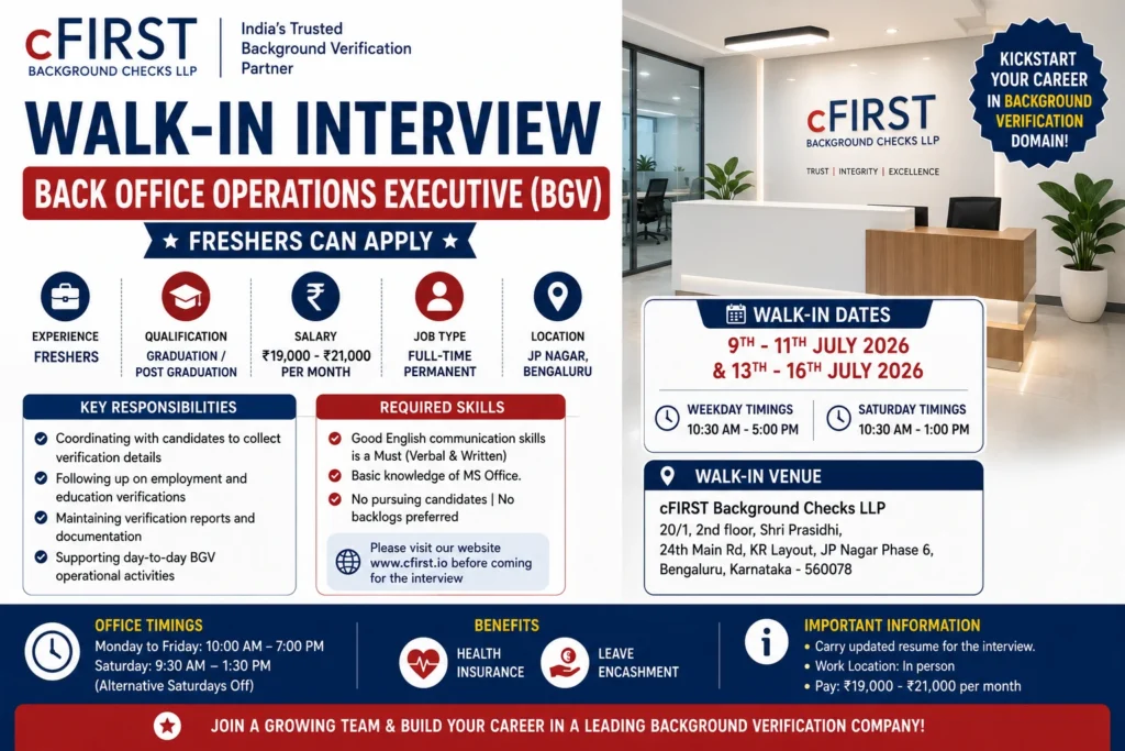 Back Office Operations Executive Walk-in Interview In cFIRST Background Checks - Freshers