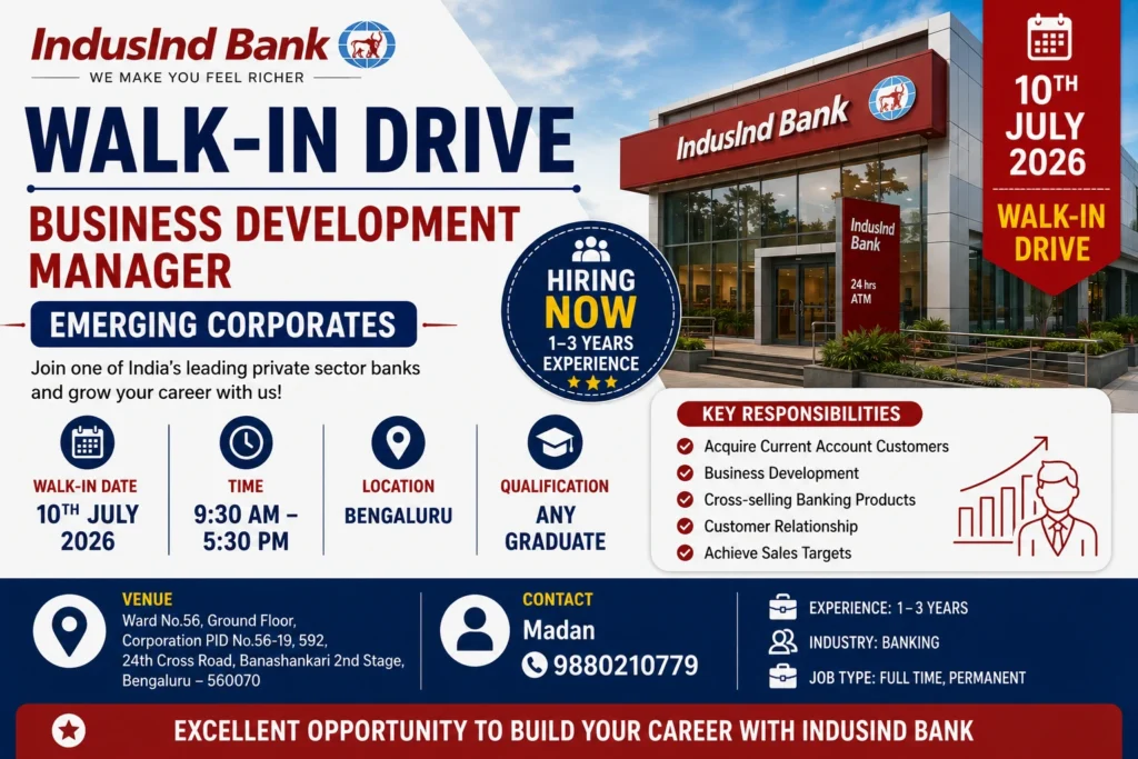 Walk-in Drive For Business Development Manager In Indusind Bank | 10th July 2026