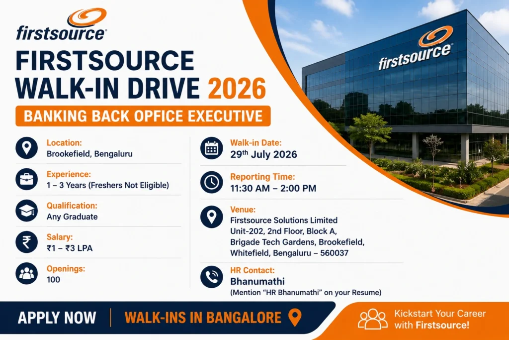 Firstsource Walk-in Drive in Bangalore for Banking Back Office Process | 100 Openings