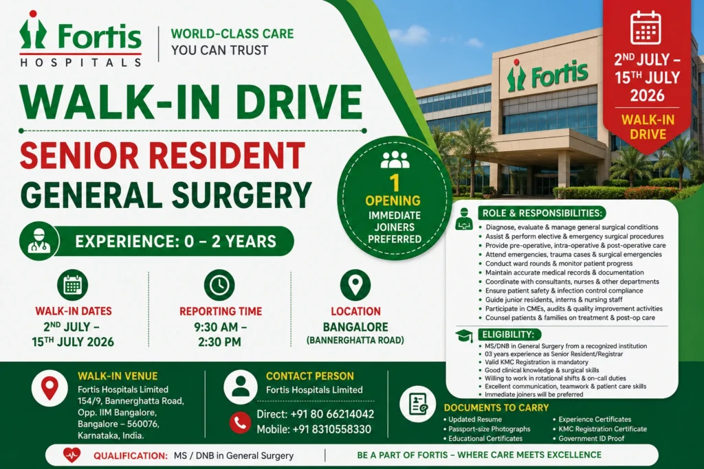 Fortis Walk-in in Bangalore for Senior Resident – General Surgery | 2nd July – 15th July
