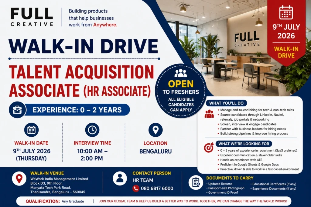 FULL Creative Talent Acquisition Associate Walk-in Drive in Bangalore | 0-2 Years