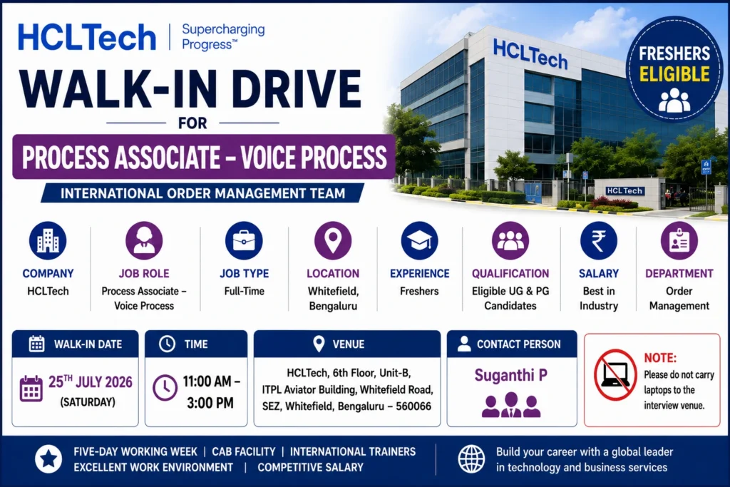 HCL Walk-in Drive in Bangalore for Process Associate (Voice Process) | Freshers Eligible