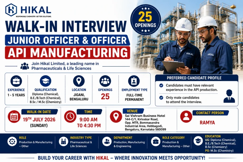 Hikal API Manufacturing Walk-in Interview in Bangalore | Junior Officer & Officer Hiring