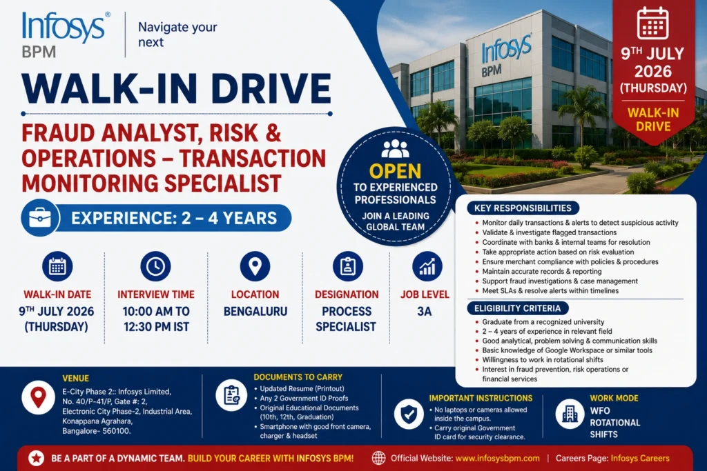 Infosys BPM Walk-in Drive in Bangalore For Risk Operations - 9th July