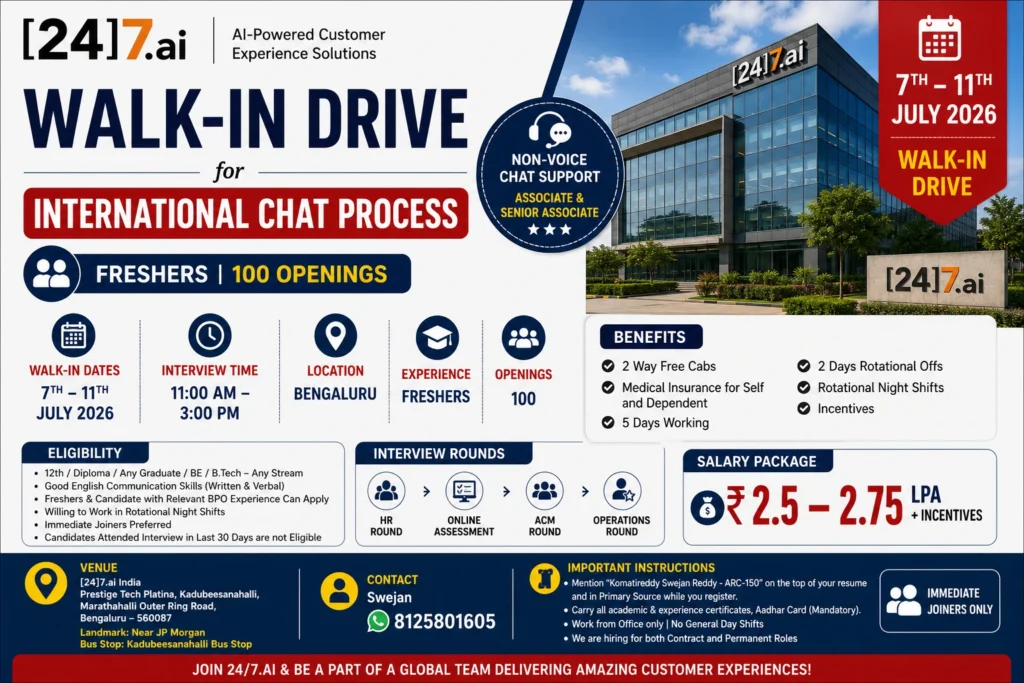 24/7.ai Walk-in Drive in Bangalore for International Chat Process | Freshers Hiring