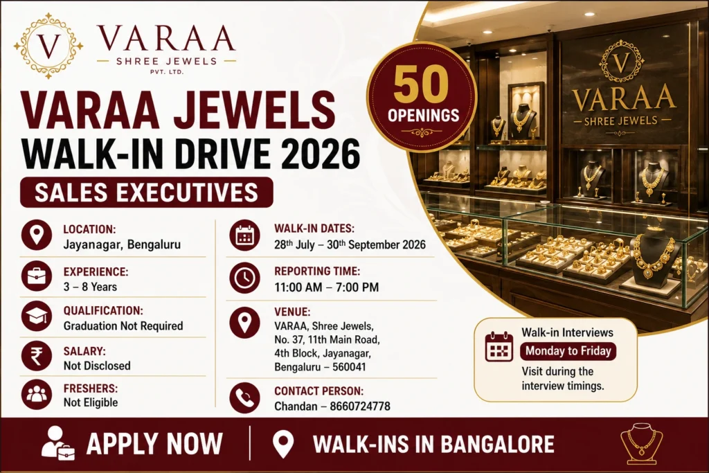 Varaa Jewels Walk-in Drive in Bangalore for Sales Executives | 50 Openings