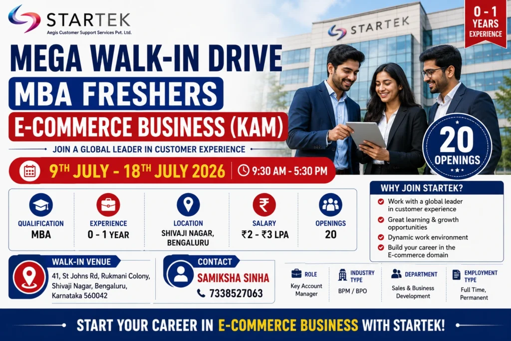 Startek Mega Walk-in Drive in Bangalore for MBA Freshers | E-commerce Business (KAM)