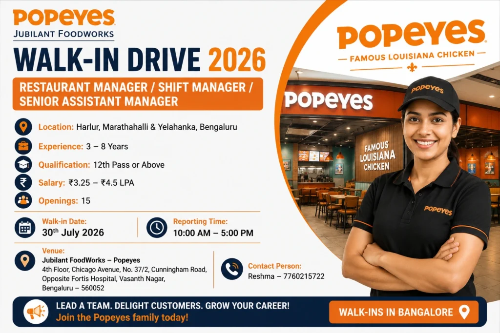Popeyes Walk-in Drive in Bangalore for Restaurant Managers | Jubilant FoodWorks