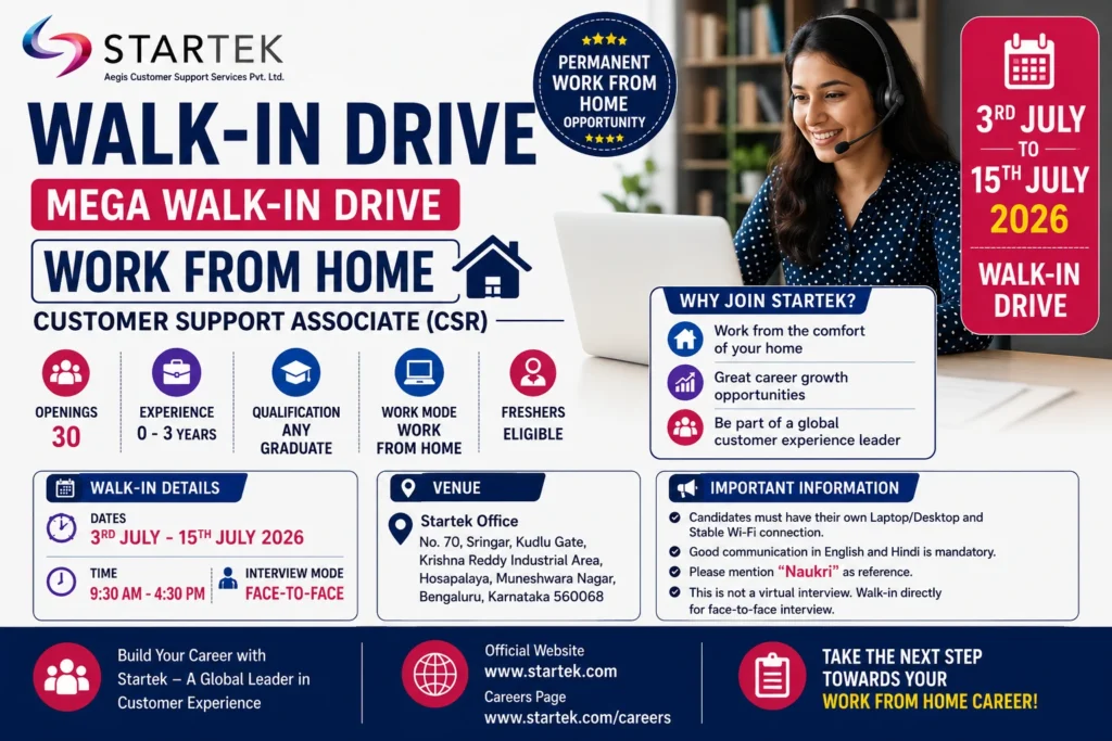 Walk-in In Bangalore For Permanent WFH In Startek (Aegis) - Customer Support