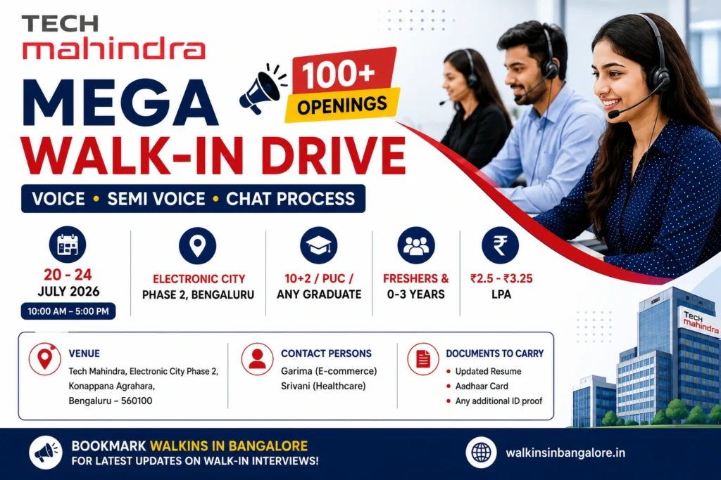 Tech Mahindra Mega Walk-in Drive in Bangalore for Voice, Semi Voice & Chat Process | 100+ Openings
