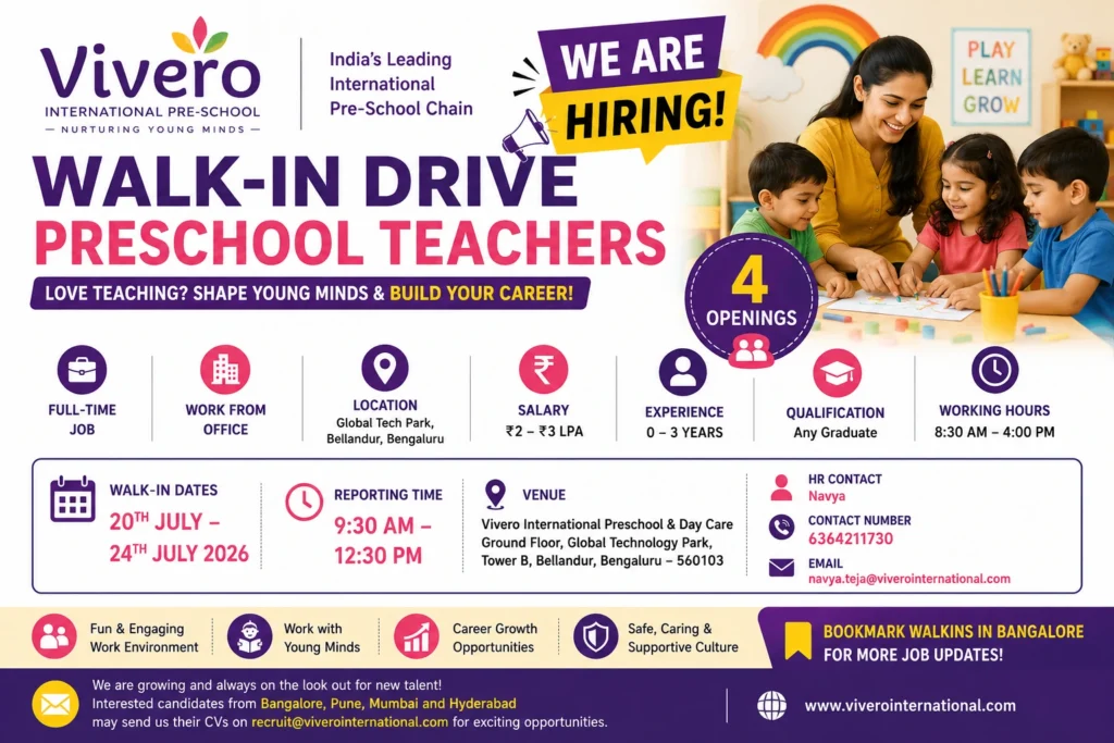 Walk-in Drive For Preschool Teachers In Vivero International Pre-school In Bangalore