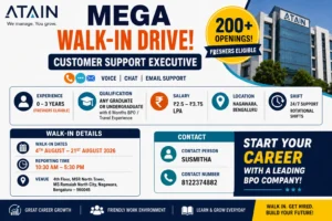 ATAIN Manyata Tech Park Walk-in Drive For Customer Support Executive - 200 Openings