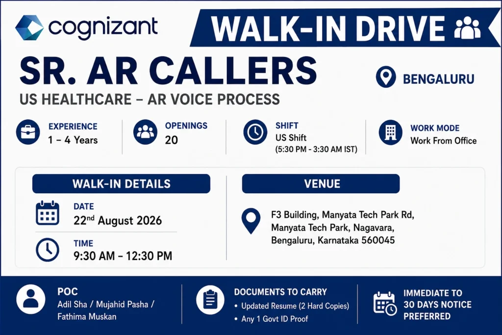 Cognizant Walk-in Interview In Bangalore For Senior AR Callers – US Healthcare