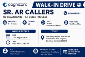 Cognizant Walk-in Interview In Bangalore For Senior AR Callers – US Healthcare
