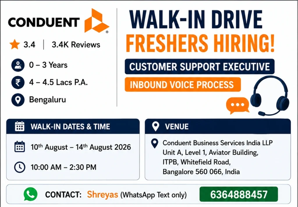 Conduent Walk-in Drive for Customer Experience Associate – International Voice Process