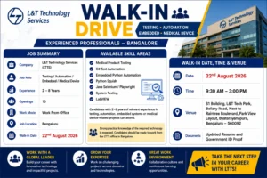 LTTS Walk-in Drive In Bangalore For Testing, Automation, Embedded and Medical Device Domains