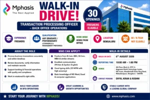 Walk-in Drive In Mphasis For Freshers – Transaction Processing Officer (Back Office Operations)