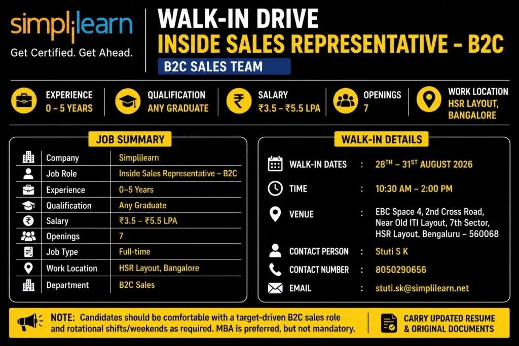 Simplilearn Walk-in Drive in Bangalore for Inside Sales Representative