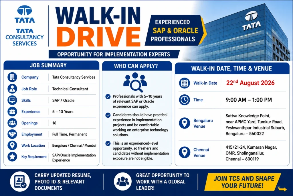 TCS Walk-in Drive In Bangalore For SAP / Oracle Professionals