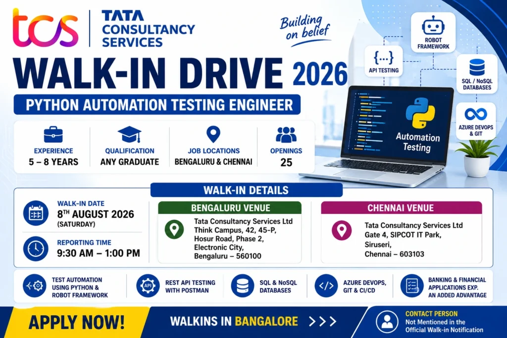 TCS Walk-in Drive In Bangalore For Python Automation Testing Professionals (5–8 Years)