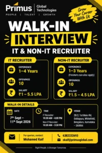Primus Global Technologies Walk-in Interview in Bangalore for IT & Non-IT Recruiter